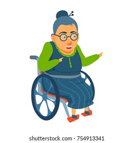 Old woman sitting in attendant propelled, self-propelled wheelchair. Vector cartoon illustration isolated on white background. Indicates fingers of both hands to the side.