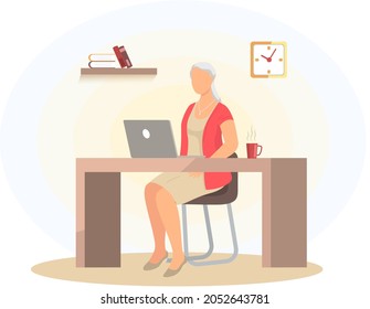 Old woman sitting with computer at workplace. Freelancer grandmother chatting and working online. Beauty female character uses laptop. Senior lady dealing with technology, using modern gadget