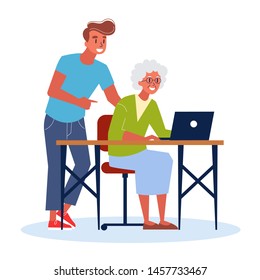 Old woman sitting at the desk and learning to use computer. Man helps grandma. Isolated vector illustration in flat style