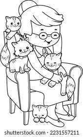 Old woman sitting in her armchair with her cats. Vector black and white coloring page.