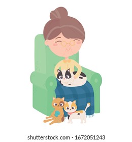 Old woman sitting with kittens on sofa. Vector illustration