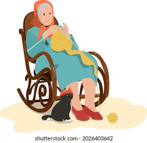 Old woman sitting on armchair with cat. Elderly knitting concept. Pastime, leisure, grandparents