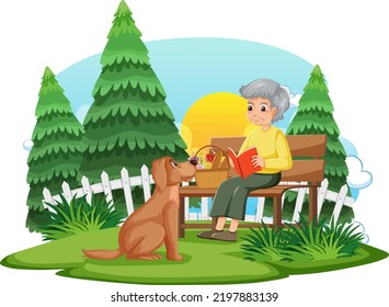 Old woman sitting on bench with a dog illustration