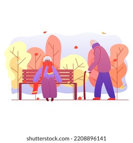 An old woman is sitting on a bench, an old man is nearby, a square, autumn time, warm clothes. Flat illustration