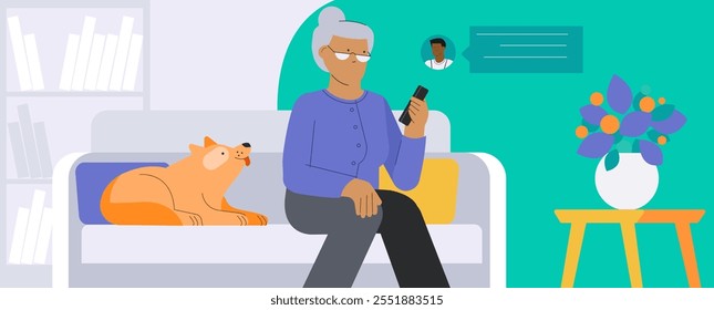 Old woman sitting on bench with her dog talking on cell phone