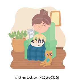 old woman sitting on chair with cats in the room vector illustration