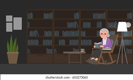 Old woman sitting on rocking chair reading a book in study room. elderly woman relax in her rocking chair in library. Isolated Vector illustration.