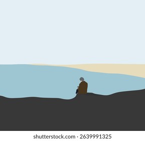 Old woman sitting on rocky coast texting message on mobile phone with beautiful calm lake view.