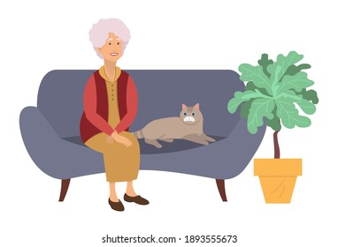 Old woman sitting on the sofa with a cat. Elderly people lifestyle concept. Senior woman relaxing at home. Vector illustration in cartoon style, grandmother with her pet on a white background