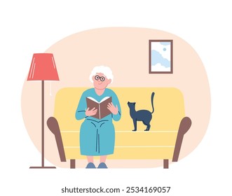 Alte Frau sitzt auf einem Sofa mit Katze und liest Buch. Ruhestand, Ruhe im Wohnzimmer zu Hause. Entspannende Ruhezeit in der Freizeit. Großmutter-Vektorzeichen