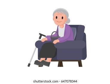 Old woman with sitting on sofa. Granny sitting on a couch. Isolated Vector illustration.