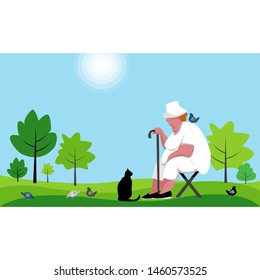 old woman sitting in the park. grandmother with a cat. vector image