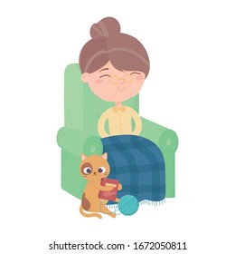 Old woman sitting sofa and cat with food wool ball vector illustration