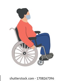 old woman is sitting in a wheelchair and wearing face mask. Unfaced elderly female with physical disabilities. Flat cartoon vector illustration. Prevention or protect coronavirus concept. 