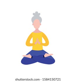 Old woman sitting in yoga meditation position in lotus pose with praying hands isolated on white background- senior cartoon character stretching. Flat vector illustration