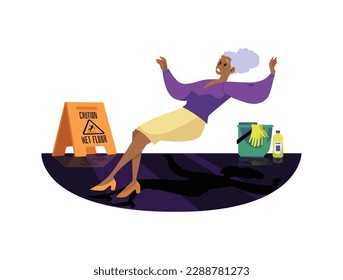 Old woman slips on wet floor and falls, flat vector illustration isolated on white background. Person got into fallin accident. Yellow wet floor caution sign.