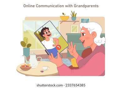 Old woman with a smartphone. Grandmother talking with a grandchild by video call. Woman in senior age confidently using a phone and social media for communication. Flat vector illustration