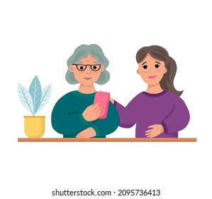Old woman with smartphone on Internet. Young woman helps her to master modern technologies. Vector illustration on white background.