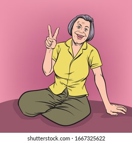 The Old Woman Smiled And Lifted Two Fingers.  Pop Art Retro Illustration Comic Style Vector, Separate Images Of People From The Background. 