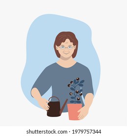 Old woman, smiling, cheerful, houseplant care, female persona, character, grandma, active old age. Concept, sticker,  minimalism, vector illustration 