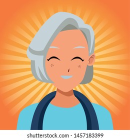 old woman smiling and happy isolated on orange striped bakground ,vector illustration graphic design.