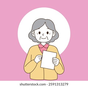 An old woman smiling with a paper document. minimal line art vector illustration.