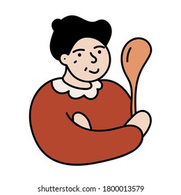 Old woman with soup ladle. Logo concept for cafe, restaurant. Vector illustration on white background. 
