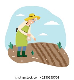 Old woman sows grain. Vector illustration flat design. Isolated on white background.