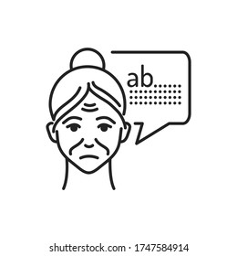 Vieja con dificultad de burbuja de habla con palabras con línea de icono negro. demencia de la enfermedad cerebral. Firma para página web, aplicación móvil, botón, logotipo. Trazo editable.