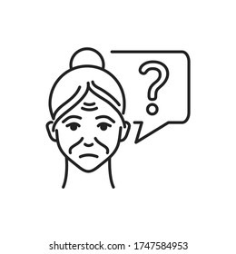 Old woman with speech bubble and question mark line black icon. Memory loss Brain disease alzheimer's. Decrease in mental human abilities. Sign for web page, mobile app, button, logo. Editable stroke.