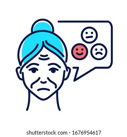 Vieja con emociones infundadas de burbuja del habla línea icono del color. Cambio de estado de ánimo. demencia por enfermedad cerebral. Firma para página web, aplicación móvil, botón, logotipo. Trazo editable