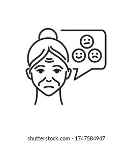 La anciana con las emociones infundadas de la burbuja del habla es un icono negro. Cambio de humor. demencia de la enfermedad cerebral. Firma para página web, aplicación móvil, botón, logotipo. Trazo editable.