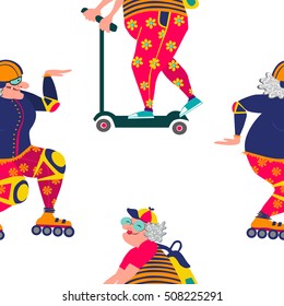 old woman sport pattern illustration. sports retired.elderly lady.roller skates. poster old people. poster senior. party