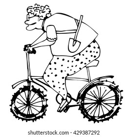 Old Woman Sport. Woman Pensioner On The Bike.hand Drawn Illustration.pants In Polka Dot.sports Retired.elderly Lady.summer Resident With Shovel.lines