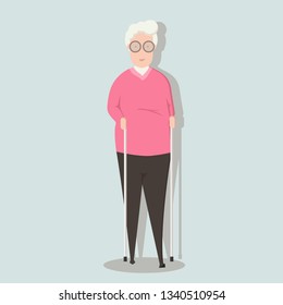 Old woman sports activity. Nordic walking. Elderly people active lifestyle. Vector illustration