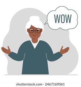 The old woman spreads his arms out to the side. Next to the bubble with the text of the Second World War. Vector flat illustration