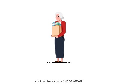 Old woman standing carrying grocery bags on isolated background, Vector illustration.