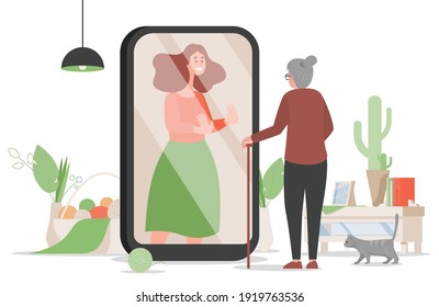 Old woman Standing near mobile screen and talking with her daughter or granddaughter vector flat cartoon illustration. Old lady in the living room communicate with her family or remembers her youth.