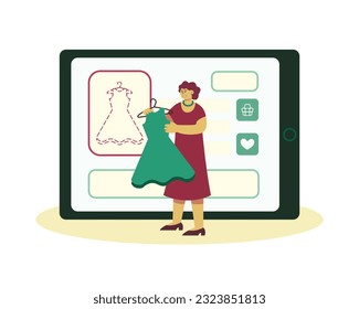 Old woman standing near tablet, holding dress, choosing clothes in online store. Online shopping for elderly people concept. Flat vector illustration in purple and green colors