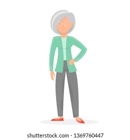 Old woman standing. Senior person with eyeglasses. Aged female character with grey hair. Isolated vector illustration in cartoon style