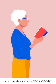 An old woman stands in profile and holds a book in her hands. Grandmother in glasses reading a book. Vector flat illustration