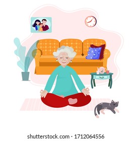 Old Woman stay home and meditate. Senior Lady practice yoga in the room, cat is next to her. Inside interior where grandma sit in asana and relax. Concept Health care activity for retired person.