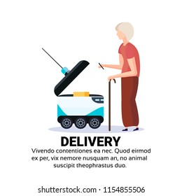 old woman stick loading box robot self drive fast delivery goods in city car robotic carry concept isolated copy space flat vector illustration