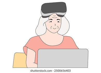 Estudiante de la mujer vieja que usa los auriculares de VR en clase de la computadora. Clase de Tecnología. Ilustración plana de Vector.