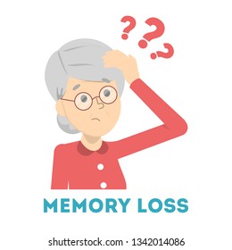 Old woman suffering from the memory loss. Confused person with question mark above. Dementia, alzheimer disease symptom. Isolated vector illustration in cartoon style