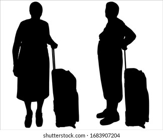 An old woman with a suitcase in her hand. Black vector illustration isolated on white background. Full length portrait of old lady, senior woman traveler with luggage, baggage. Grandmother on trip.