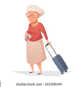 An old woman with a suitcase in her hand. Vector illustration.