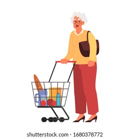 Old woman in supermarket with shopping cart buying goods in the grocery store. Grandmother with her purchase. Isolated flat vector illustration