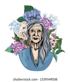 Old woman surrounded with flowers, elegant lady with silver hair. Hand drawn vector illustration, color portrait.