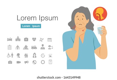 old woman swallowing problem, dysphagia patient cartoon character design with icon set